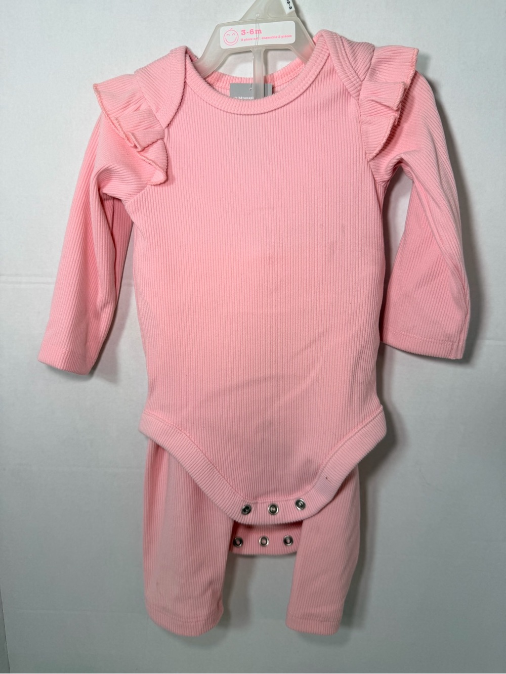 Ribbed Pink Long-Sleeve Baby One-Piece with Ruffle Shoulders